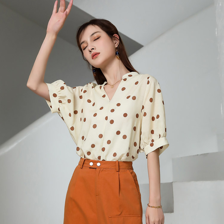 Jimmy Seo polka dot printed chiffon shirt for women, mid-sleeved Korean style, casual and versatile, polka dot printed stand-up collar