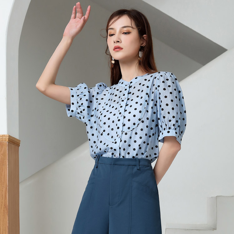 Jimmy Seio Polka dot top Women's 2021 Summer Collection New Blue shirt, retro French niche V-neck shirt Application Scenario
