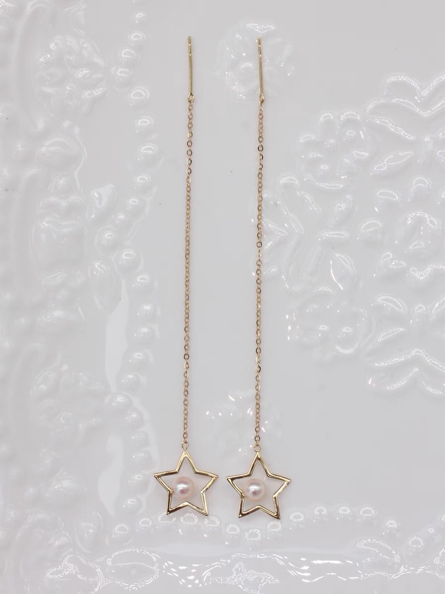 Elegant and grand five-pointed star pearl ear thread earrings ring, long women's steel jewelry detail image 1