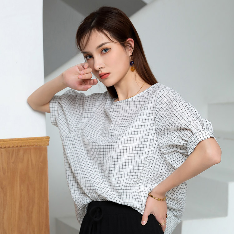 Jimmy Seio plaid top for women's summer, a slim and youthful mini shirt with a stylish and high-end look. 2021 new short-sleeved design details Picture