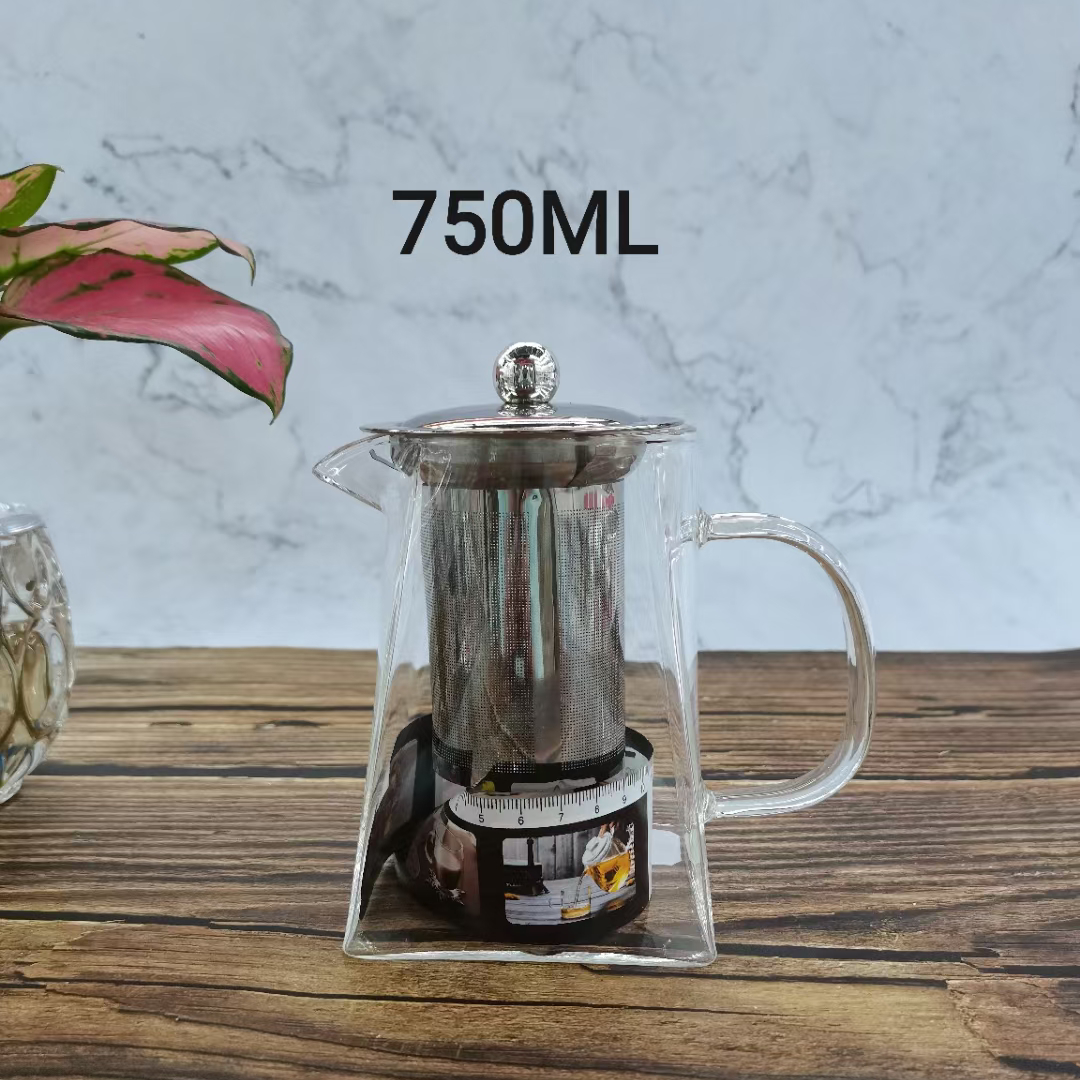 RM-750 四方鹰嘴高硼玻璃茶壶不锈钢钢茶漏750ml