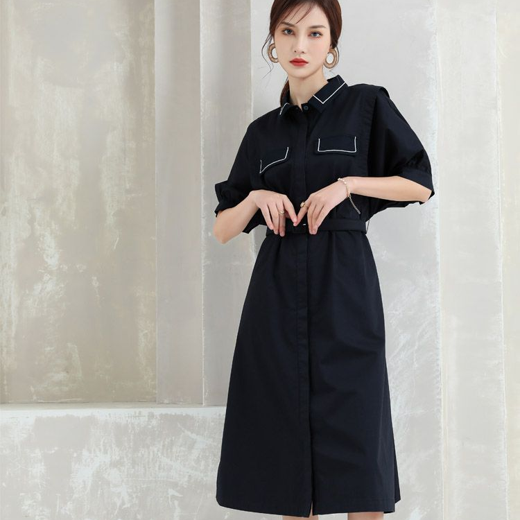 Jimmy Seo washed cotton shirt Dress 2021 New Summer Korean-style stylish cinched waist tie single-breasted dress