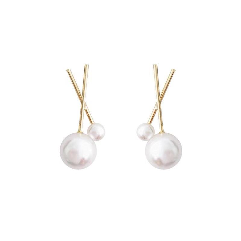Korean version grand pearl women's earrings, personalized double-layer cross-sensing Jeta steel trim