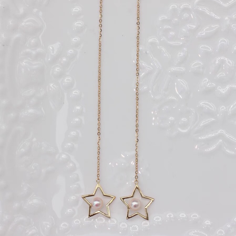 Elegant and grand five-pointed star pearl ear thread earrings ring, long women's steel jewelry