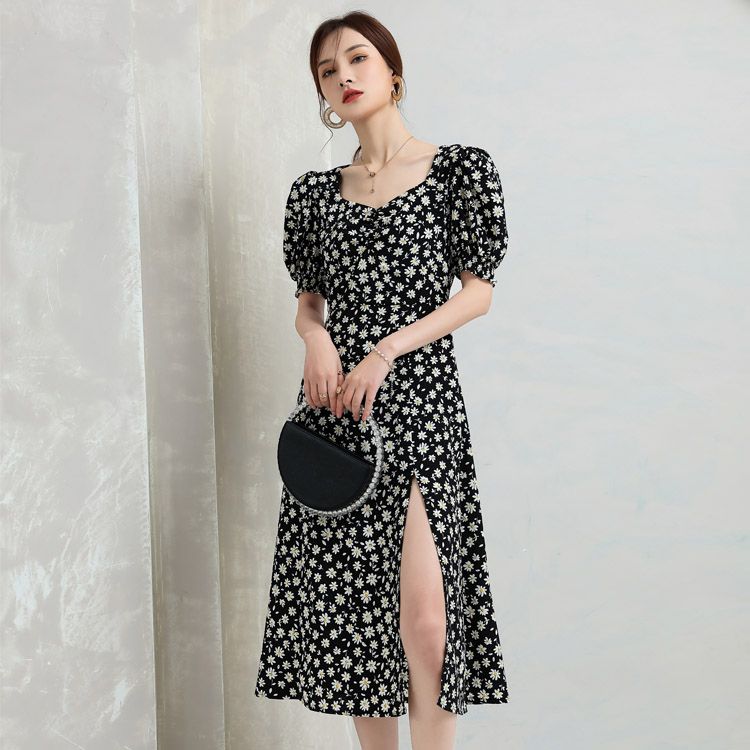 Jimmy Seo French retro Daisy dress, square collar, slimming and elegant chiffon floral dress for women's summer 1D2121880 details Picture