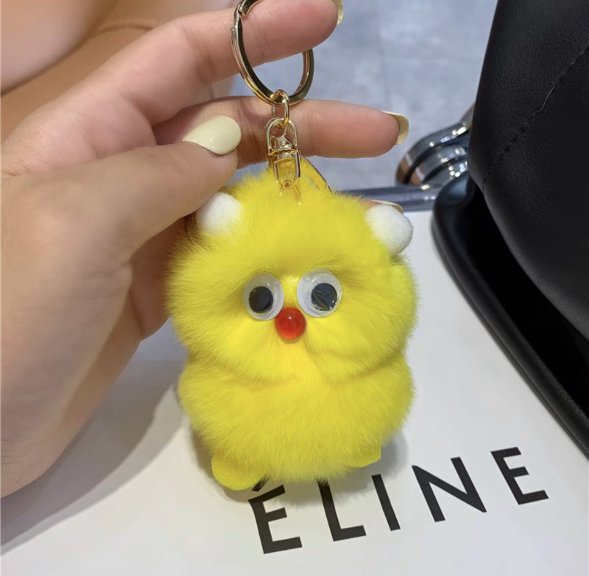 Real rex rabbit fur little monster car keychain pendant, popular Instagram cute plush doll schoolbag pendant, hairball 9 detail image 1