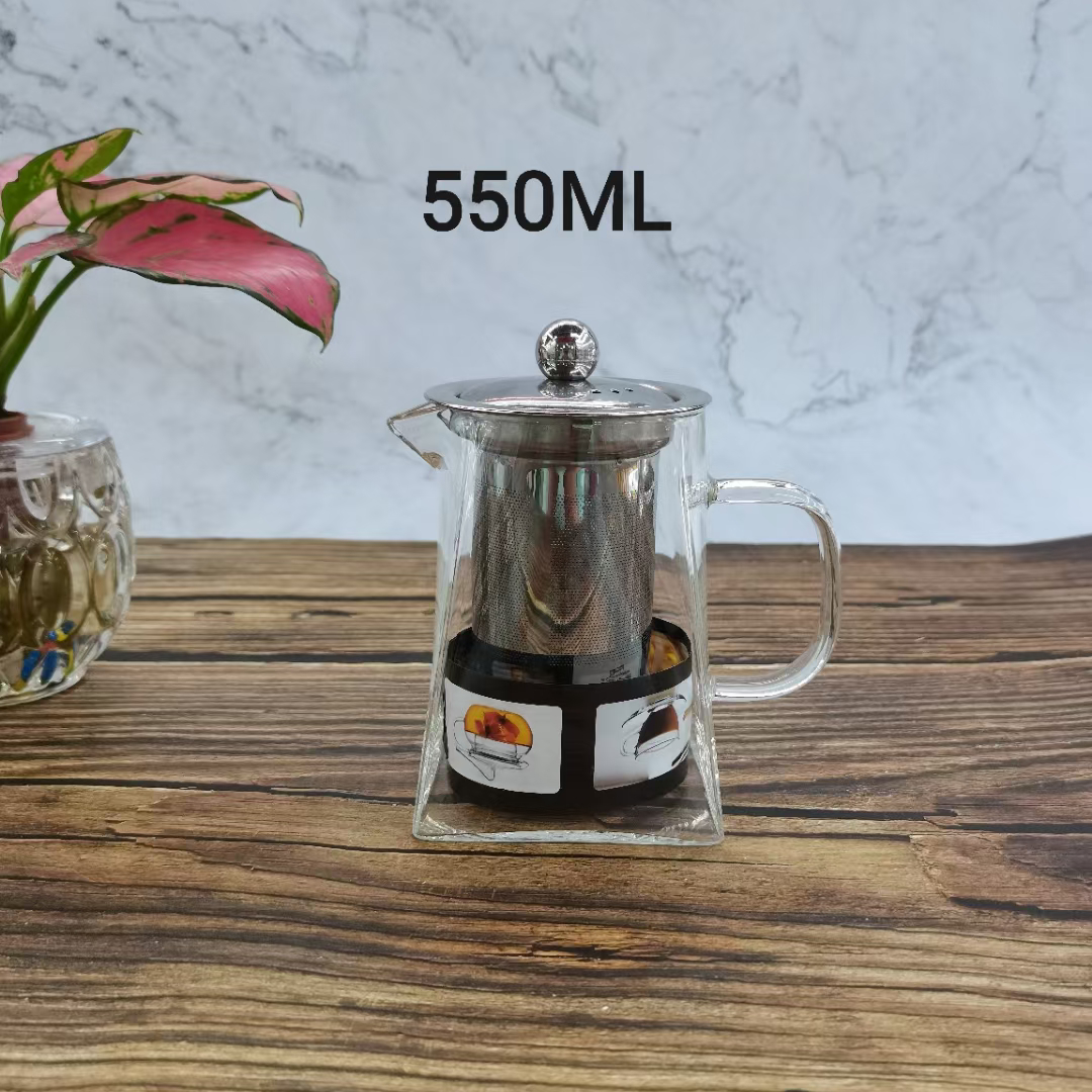 RM-3550 四方鹰嘴高硼玻璃茶壶不锈钢钢茶漏550ml