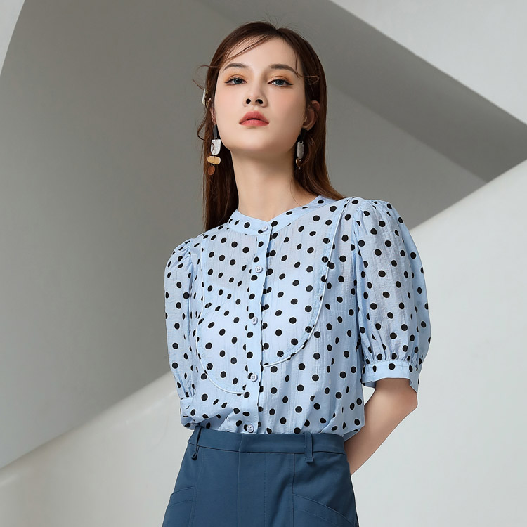 Jimmy Seio Polka dot top Women's 2021 Summer Collection New Blue shirt, retro French niche V-neck shirt