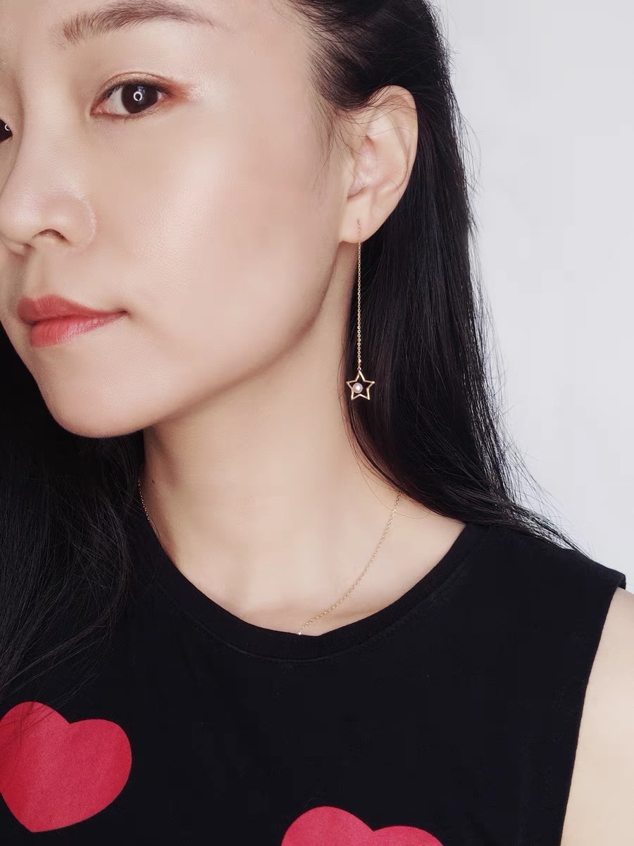 Elegant and grand five-pointed star pearl ear thread earrings ring, long women's steel jewelry detail image 2