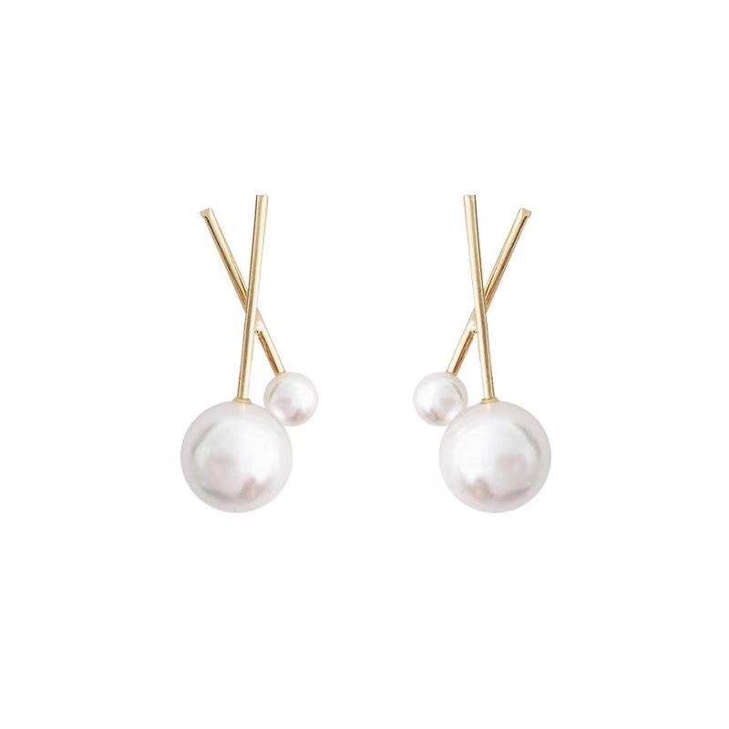Korean version grand pearl women's earrings, personalized double-layer cross-sensing Jeta steel trim Specification image