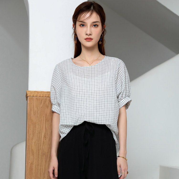 Jimmy Seio plaid top for women's summer, a slim and youthful mini shirt with a stylish and high-end look. 2021 new short-sleeved design Specification image