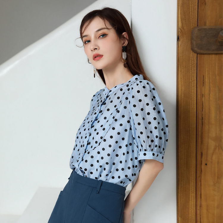Jimmy Seio Polka dot top Women's 2021 Summer Collection New Blue shirt, retro French niche V-neck shirt Specification image
