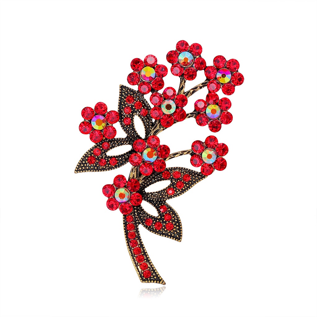 New vintage rhinestone flower leaf corsage China Red personality creative brooch suit dress pin