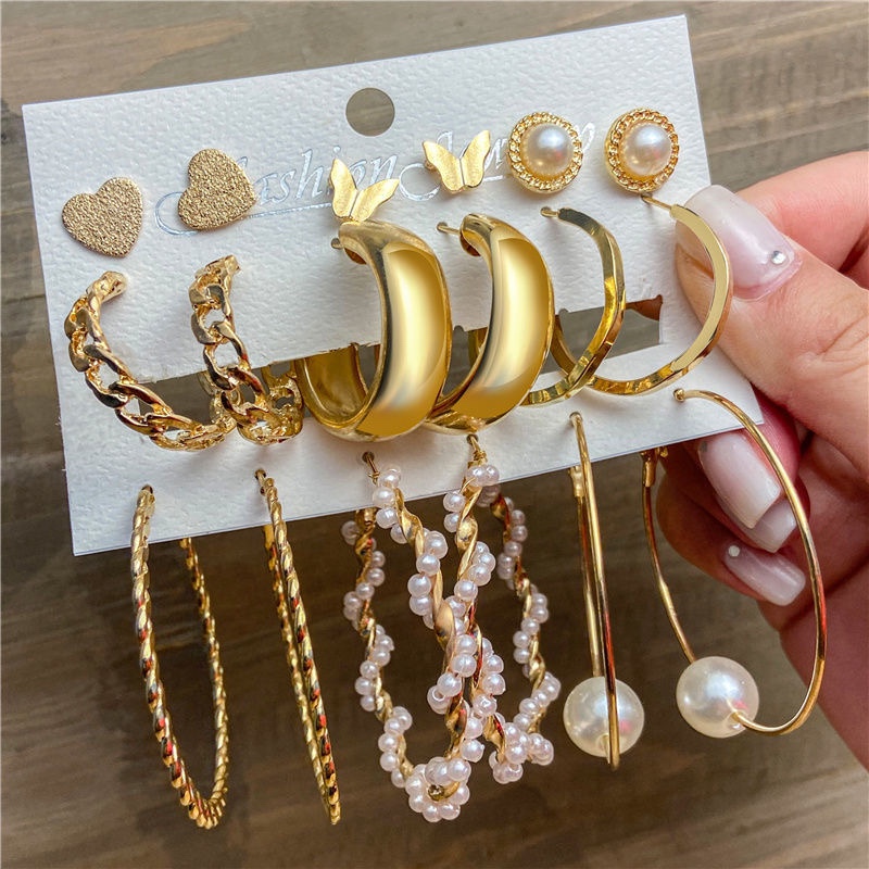 Korean-style exaggerated earrings, elegant and high-end, versatile stud earrings set, Ins influencer style combination pearl ring earrings