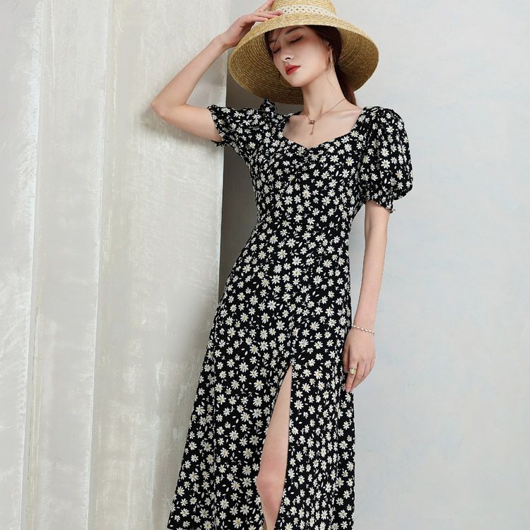 Jimmy Seo French retro Daisy dress, square collar, slimming and elegant chiffon floral dress for women's summer 1D2121880