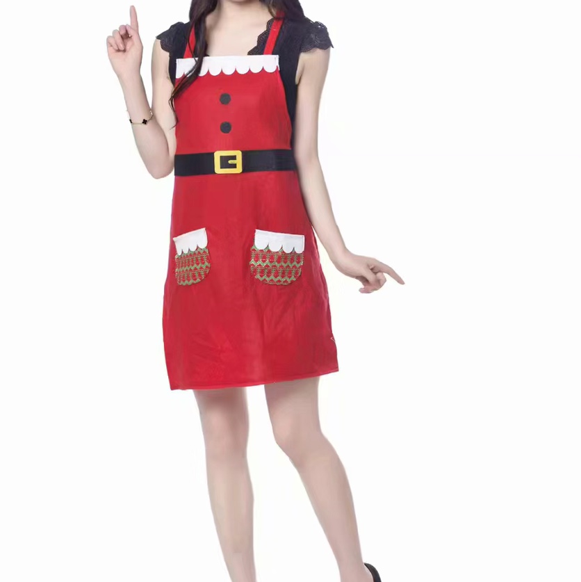 圣诞围裙厨房家圣诞老人围裙花边口袋围裙