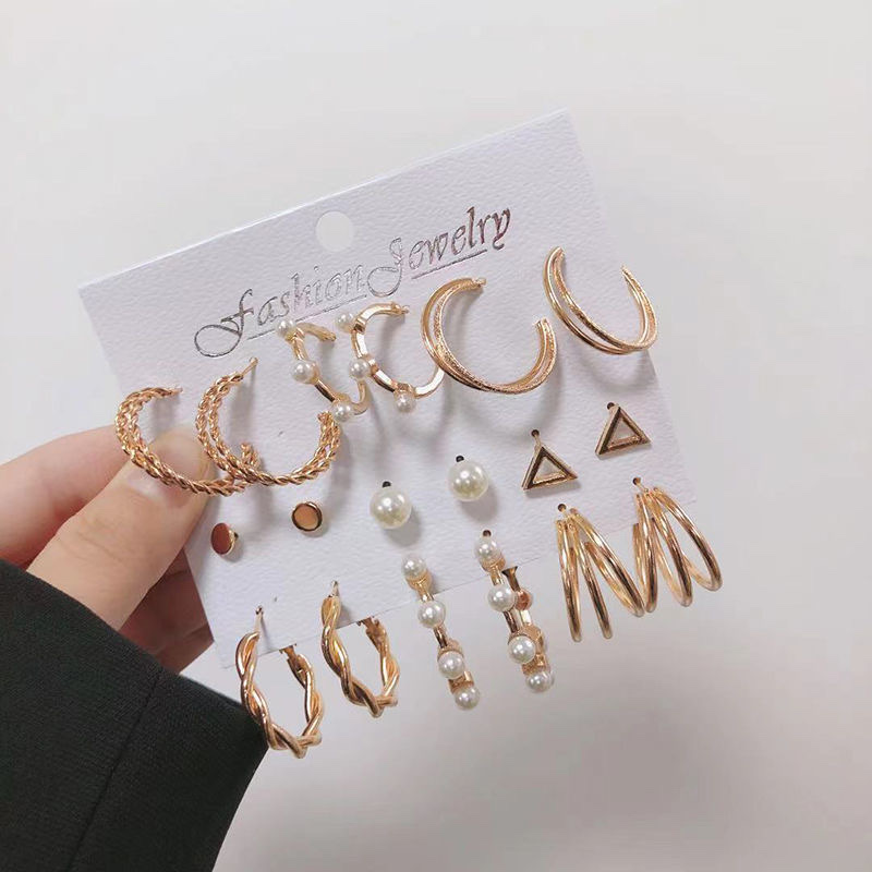 Korean-style exaggerated earrings, elegant and high-end, versatile stud earrings set, Ins influencer style combination pearl ring earrings Specification image