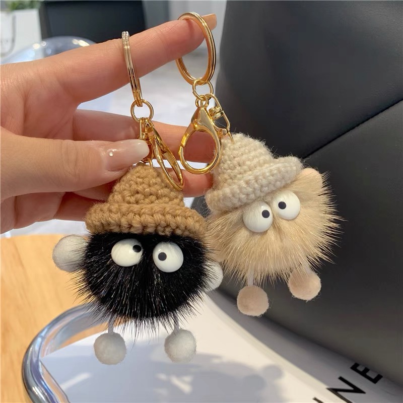 Cute mink hair small briquettes car keychain pendant Korea Instagram celebrity plush school bag hanging gift Black 15