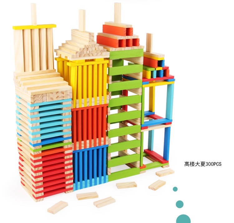 Yiwu Good goods children 's wooden building rods, pure wood strips, wood chips, building blocks, tower 1-3-6 years old intelligence toys, educational toys for early learning, 300 pieces Specification image