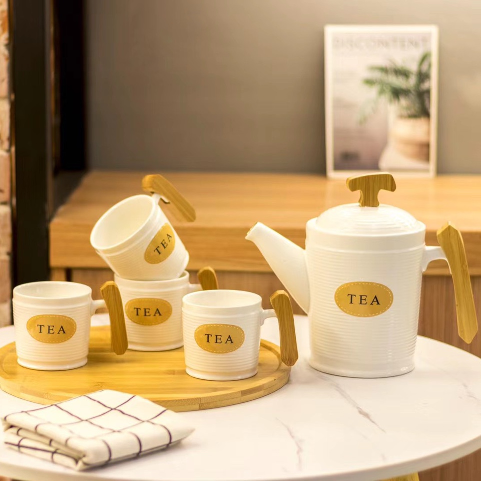 A popular household water cup with four cups and one pot, wooden handle, ceramic and wooden plate tea set, 1554_1, white style