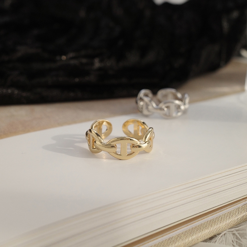 Gold plated oval chain ring pig nose opening adjustable cold wind ring niche design