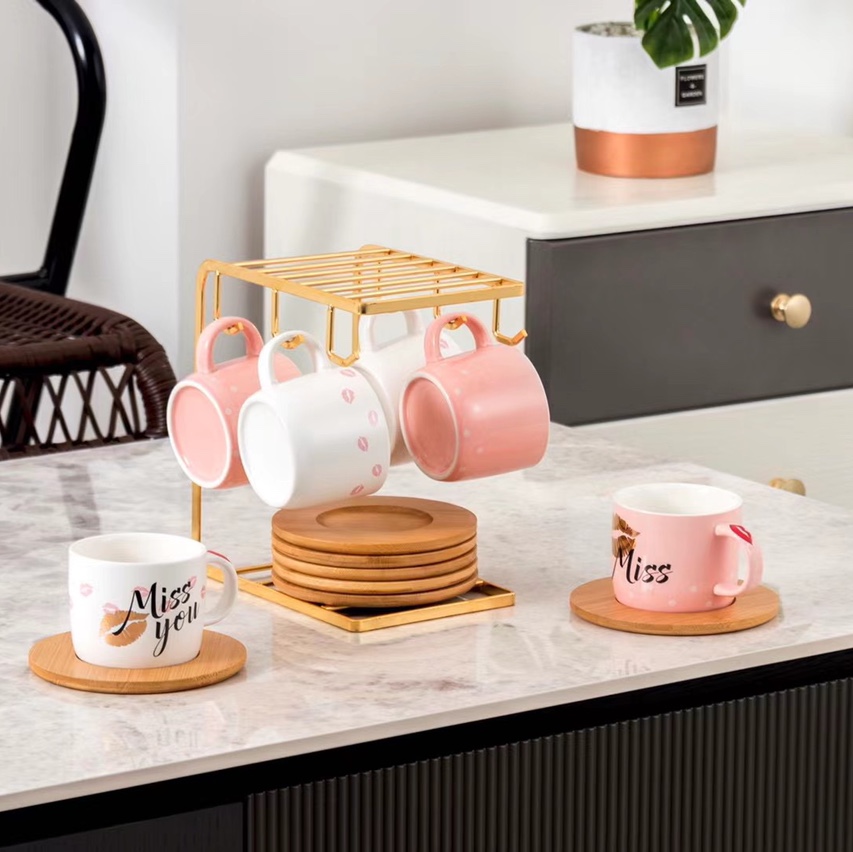 Home macaron ceramic coffee cups and saucers with trendy Korean Missyou red lip print