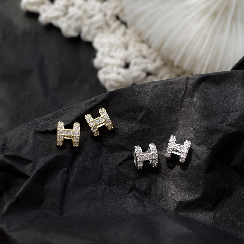 S925 Silver Needle mini earrings full of drill three-dimensional H earrings Simple and exquisite commuter compact