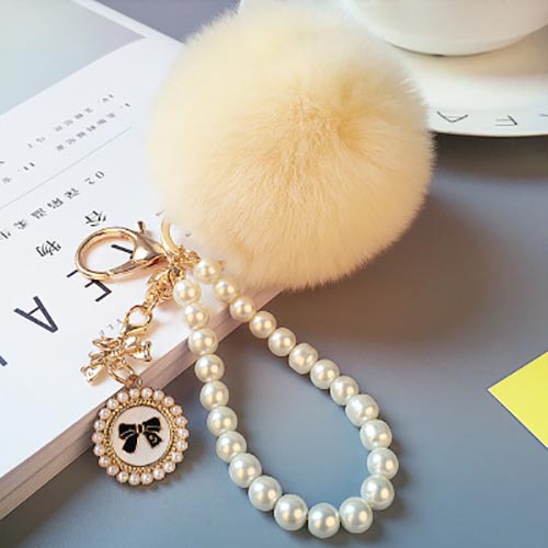 FLY733 Korean cute pearl chain plush 8cm Rex Rabbit hairball keychain women's bag pendant Fur ball car pendant