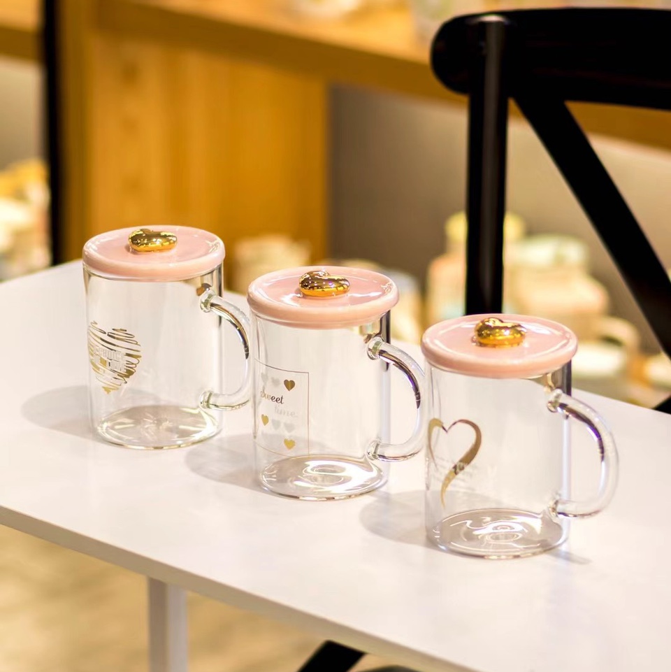 Internet-famous breakfast cup, girlish coffee cup, heart-shaped lid glass cup 729