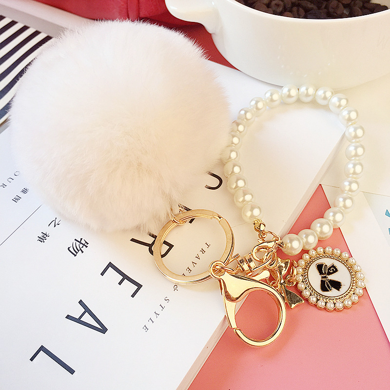 FLY728 Korean cute pearl chain plush 8cm Rex Rabbit hairball keychain women's bag pendant Fur ball car pendant