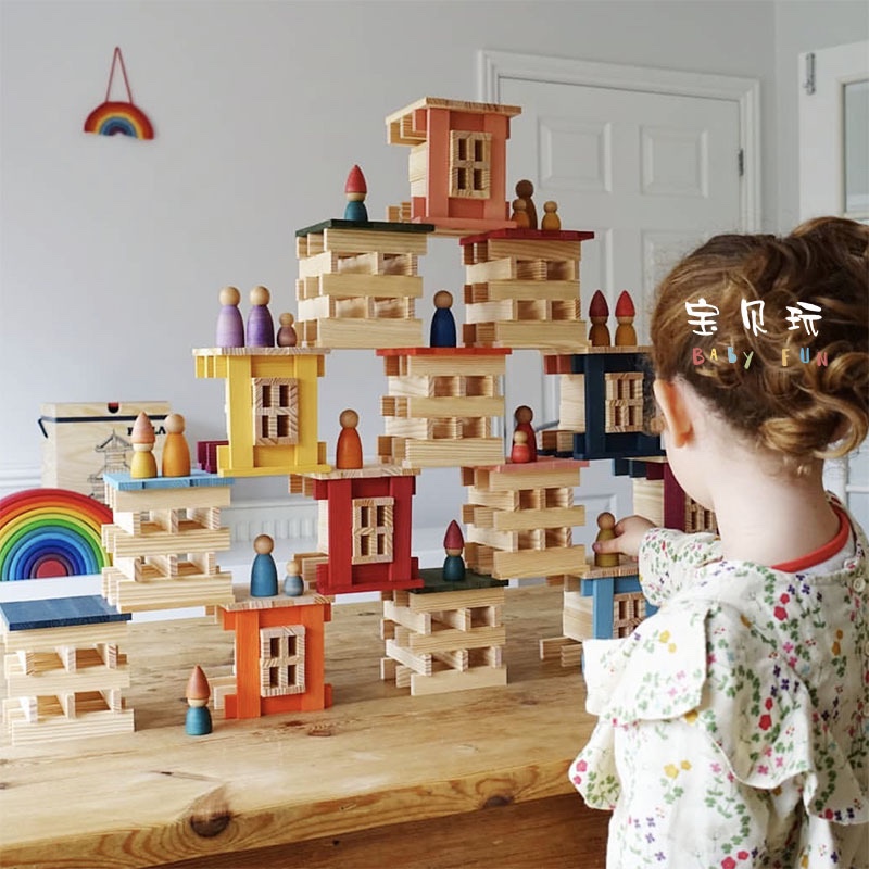Yiwu Good goods children 's wooden building rods, pure wood strips, wood chips, building blocks, tower 1-3-6 years old intelligence toys, educational toys for early learning, 300 pieces