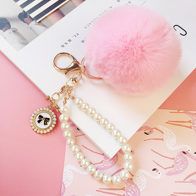 FLY732 Korean cute pearl chain plush 8cm Rex Rabbit hairball keychain women's bag pendant Fur ball car pendant