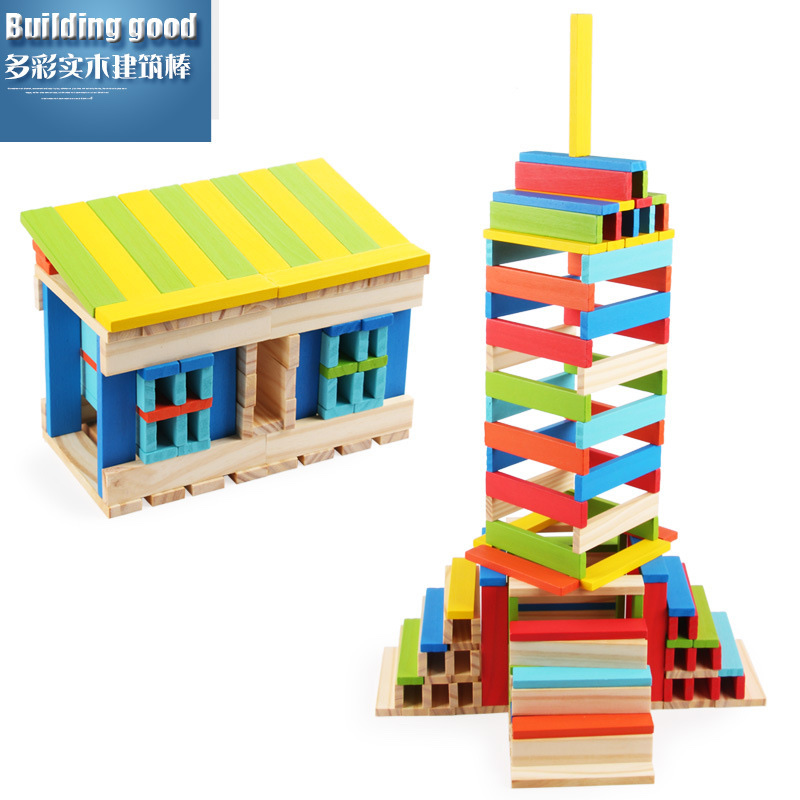 Yiwu Good goods children 's wooden building rods, pure wood strips, wood chips, building blocks, tower 1-3-6, intellectual toys for 1 year old, educational toys for early learning, 100 pieces Specification image