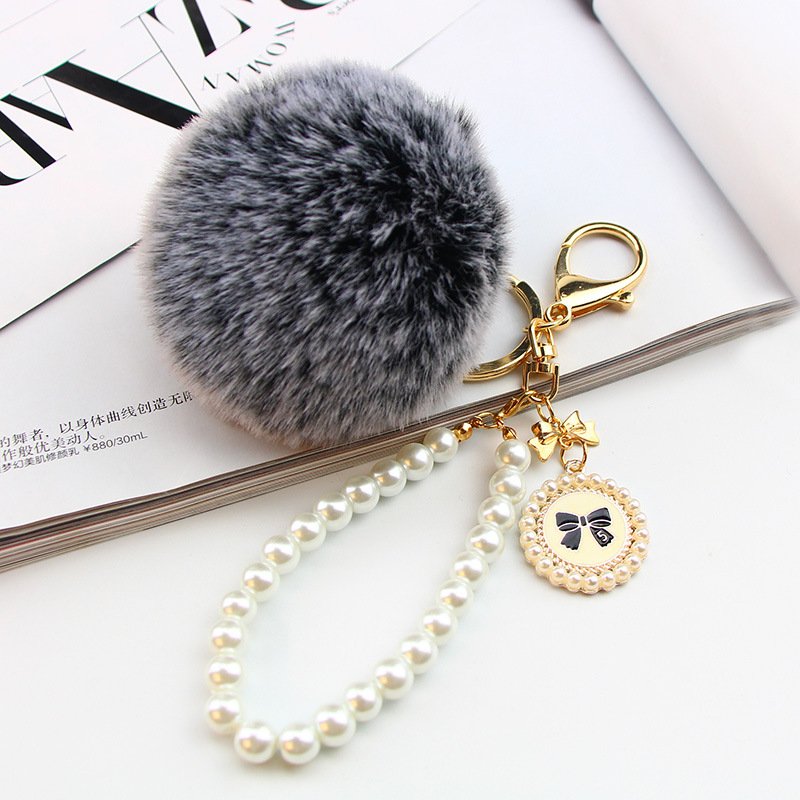 FLY729 Korean cute pearl chain plush 8cm Rex Rabbit hairball keychain women's bag pendant Fur ball car pendant