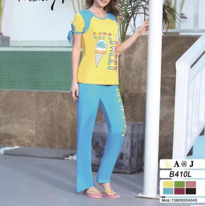 夏季时尚外贸女士家居服套装长裤短袖套装