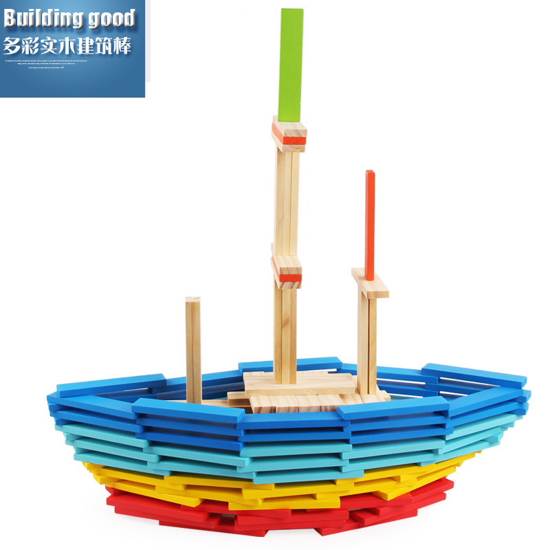 Yiwu Good goods children 's wooden building rods, pure wood strips, wood chips, building blocks, tower 1-3-6, intellectual toys for 1 year old, educational toys for early learning, 100 pieces Application Scenario