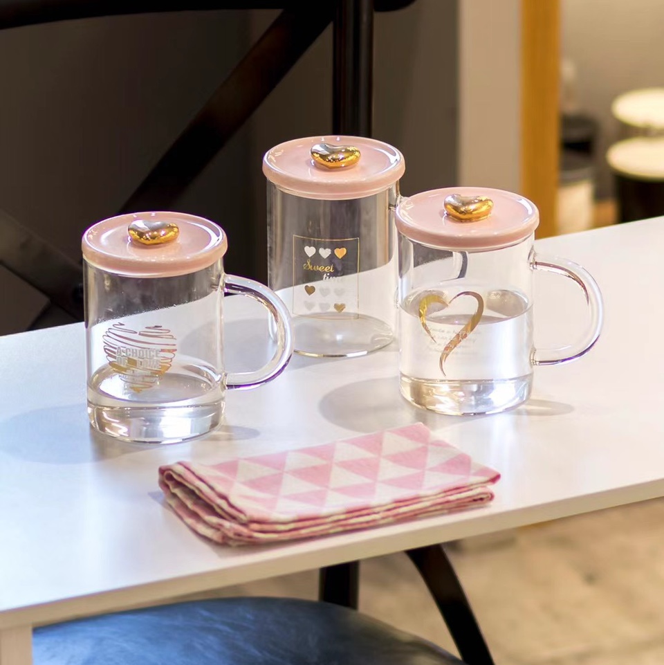 Internet-famous breakfast cup, coffee cup brimming with girlish charm, heart-shaped lid glass cup 729