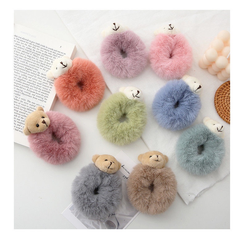 网红卡通毛圈053 韩版秋冬新款小熊糖果色毛绒发圈网红超萌弹力扎发发绳皮筋头发饰