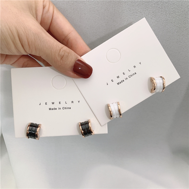 Homemade half circle ceramic black white spring Roman numerals rose gold stud earrings for women