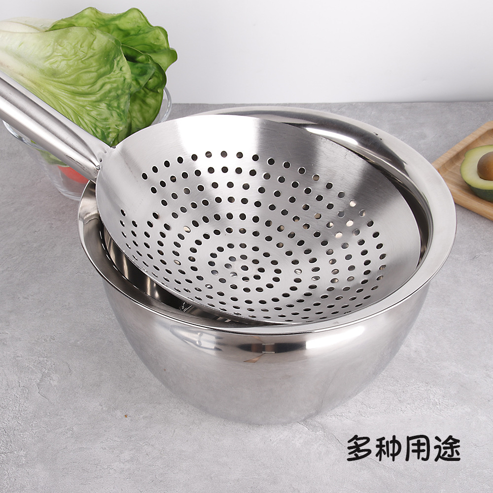 油鼓漏不锈钢 冲孔漏勺无磁 全柄钢漏壳 大漏 特厚全钢柄菜漏22cm细节图