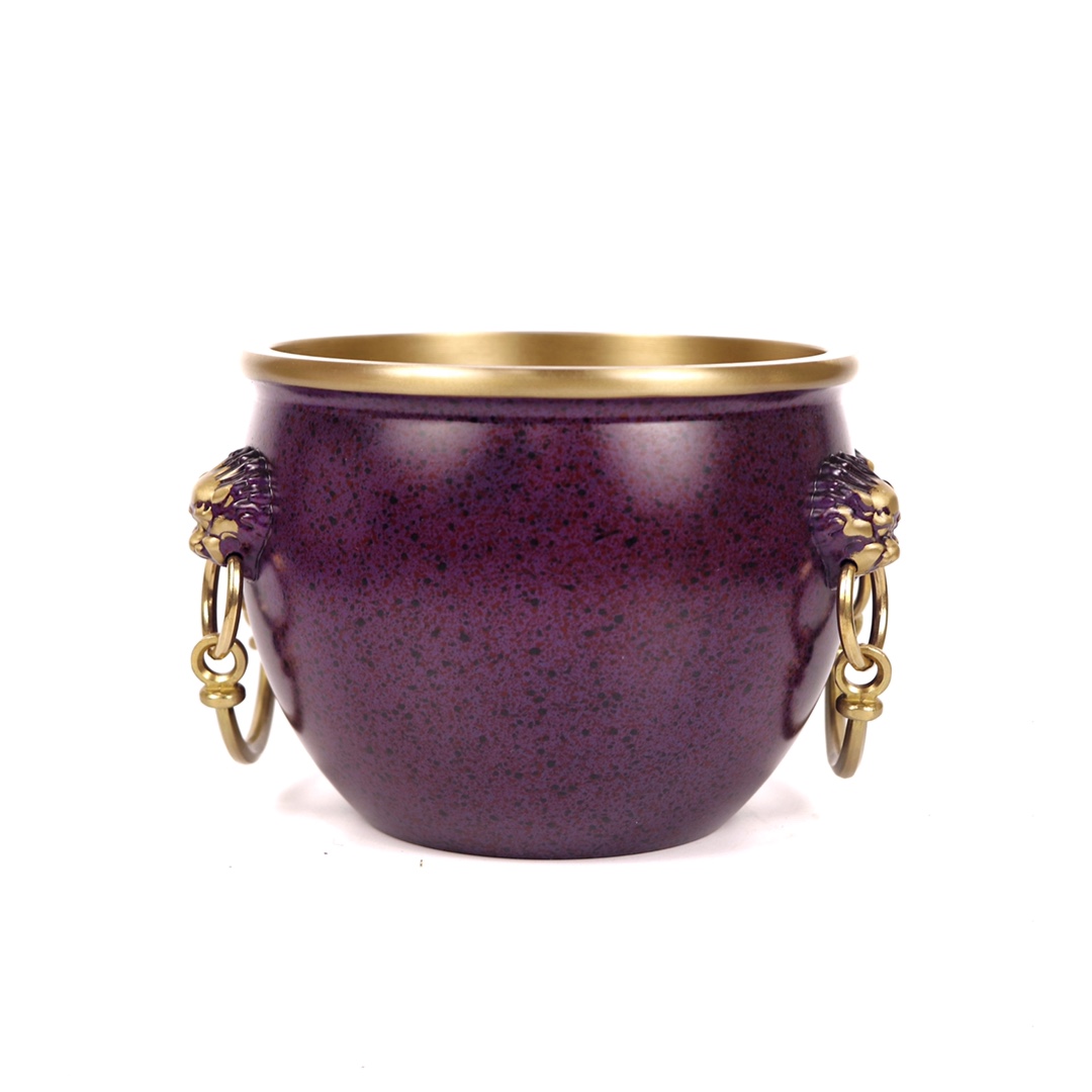 ——铜炉·【烧色狮耳大缸炉】
型号：T363紫
规格：外径15cm口径13.5cm
