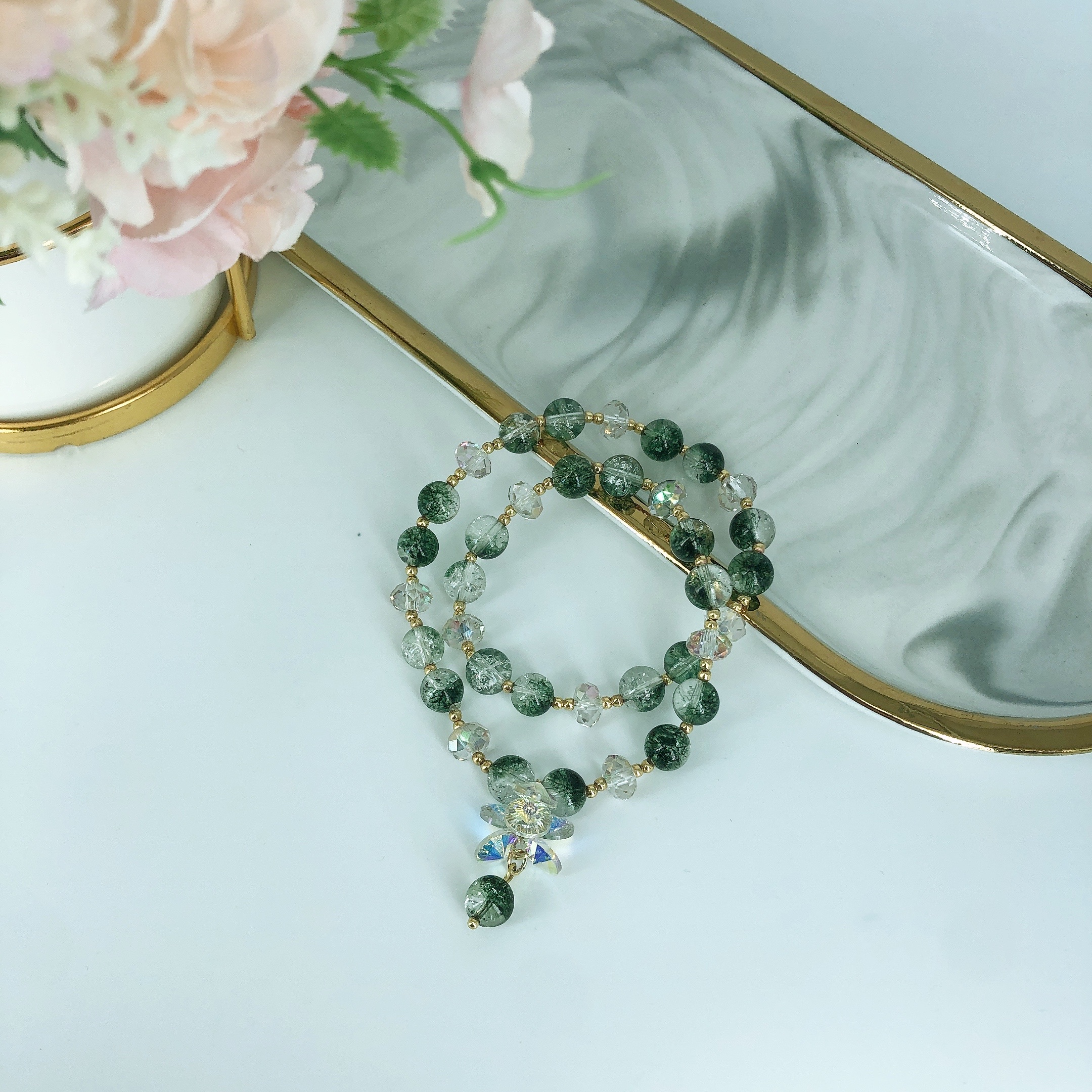 Forest-themed high-end and elegant women's bracelet, natural crystal green ghost stone bracelet Item Picture