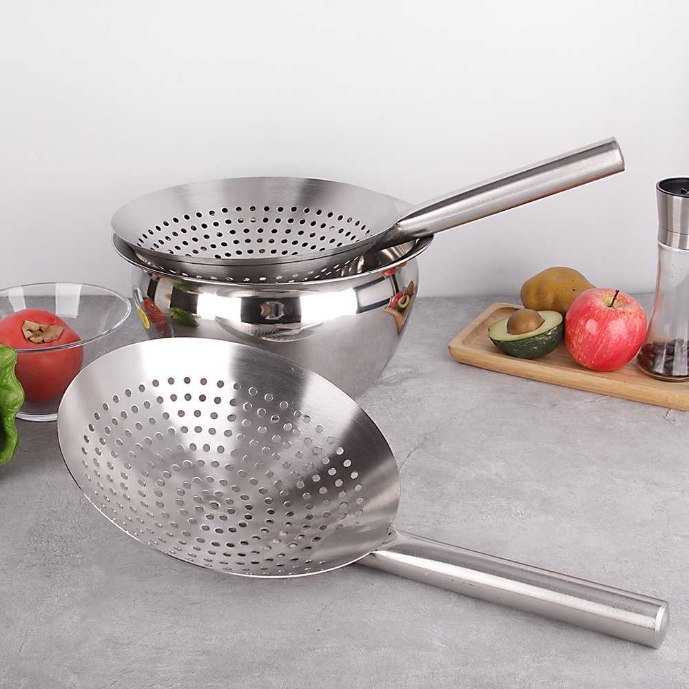 油鼓漏不锈钢 冲孔漏勺无磁 全柄钢漏壳 大漏 特厚全钢柄菜漏30cm详情图3