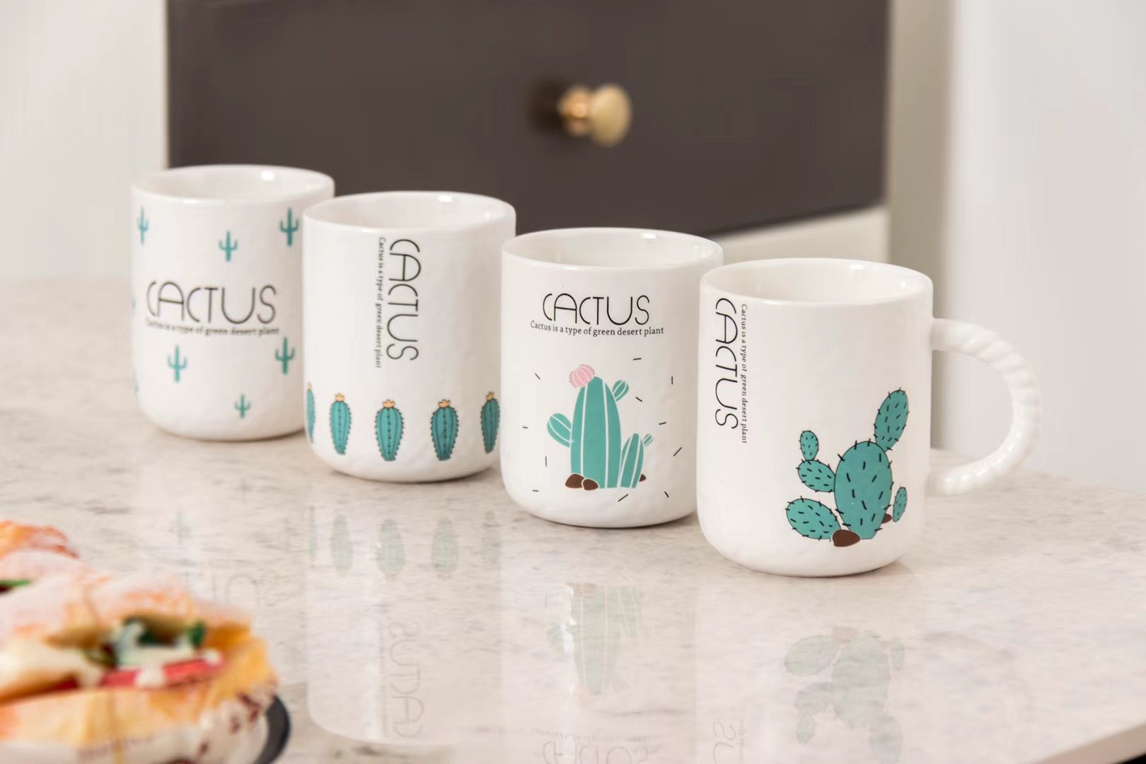 Home macaron ceramic coffee cups and saucers, trendy Korean water sets, water bottles, cactus details Picture