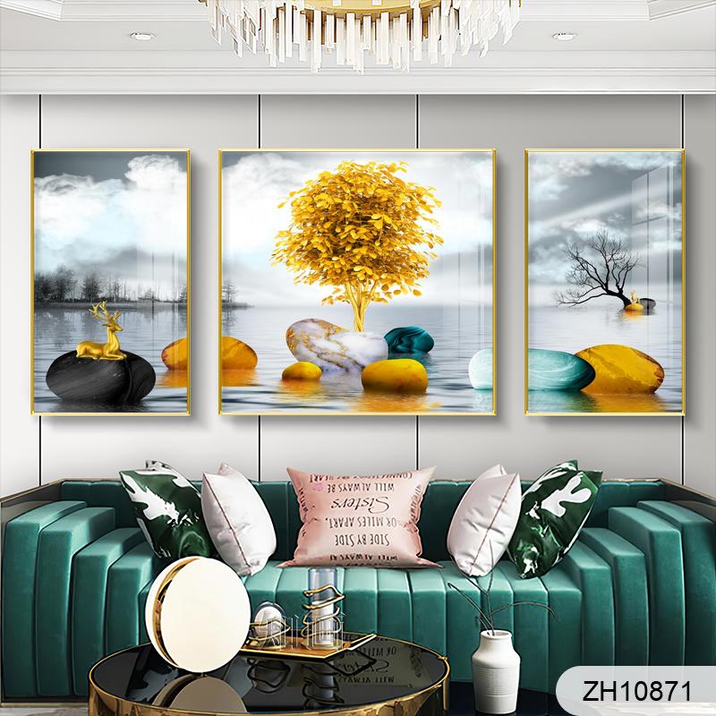 Chinese modern three-dimensional physical ink landscape gold foil trio