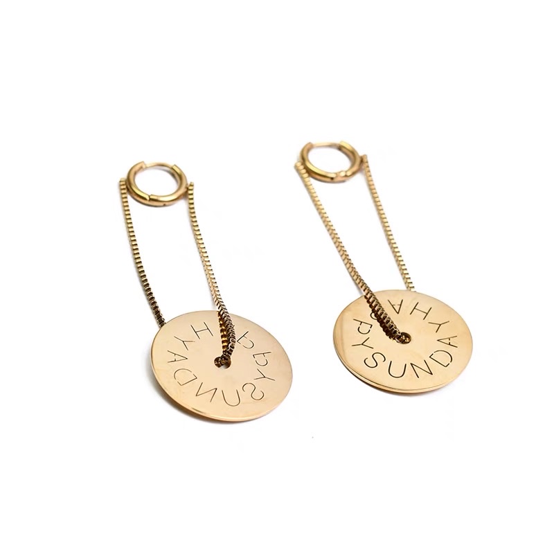 Letter round plate ear buckle long earrings, women's niche English round titanium steel Specification image