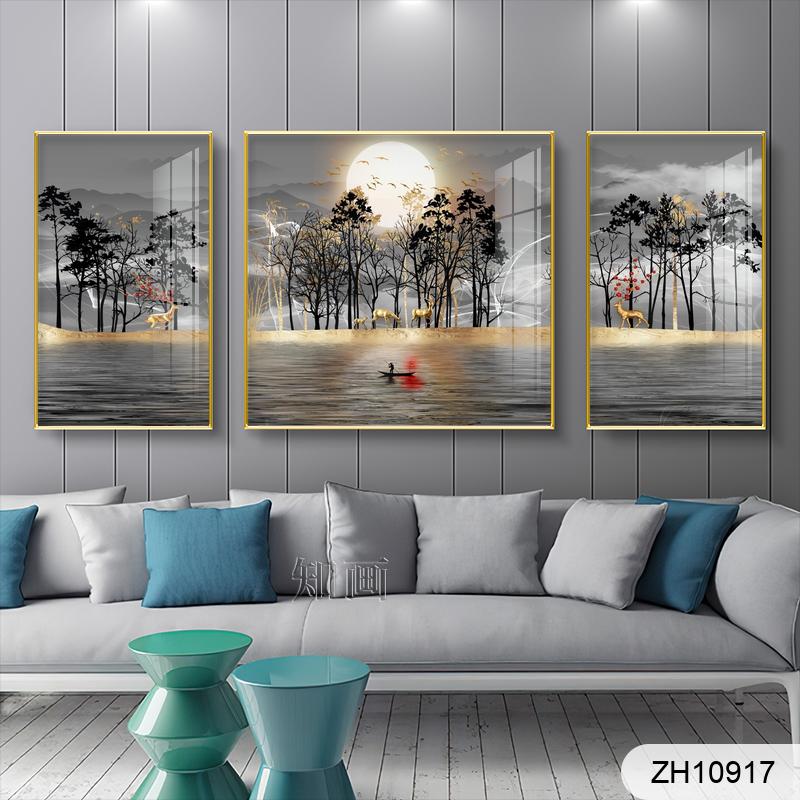 New Chinese modern three-dimensional physical ink landscape gold foil trio