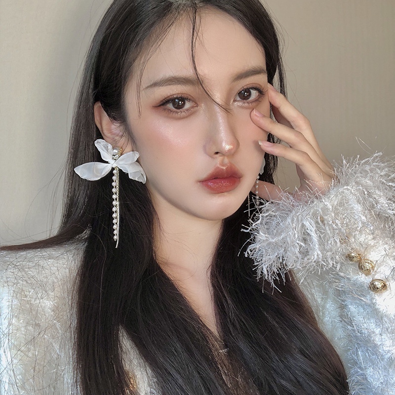 小依语35超仙蕾丝蝴蝶结耳环韩国气质925银针长款流苏珍珠耳钉显脸小耳坠 