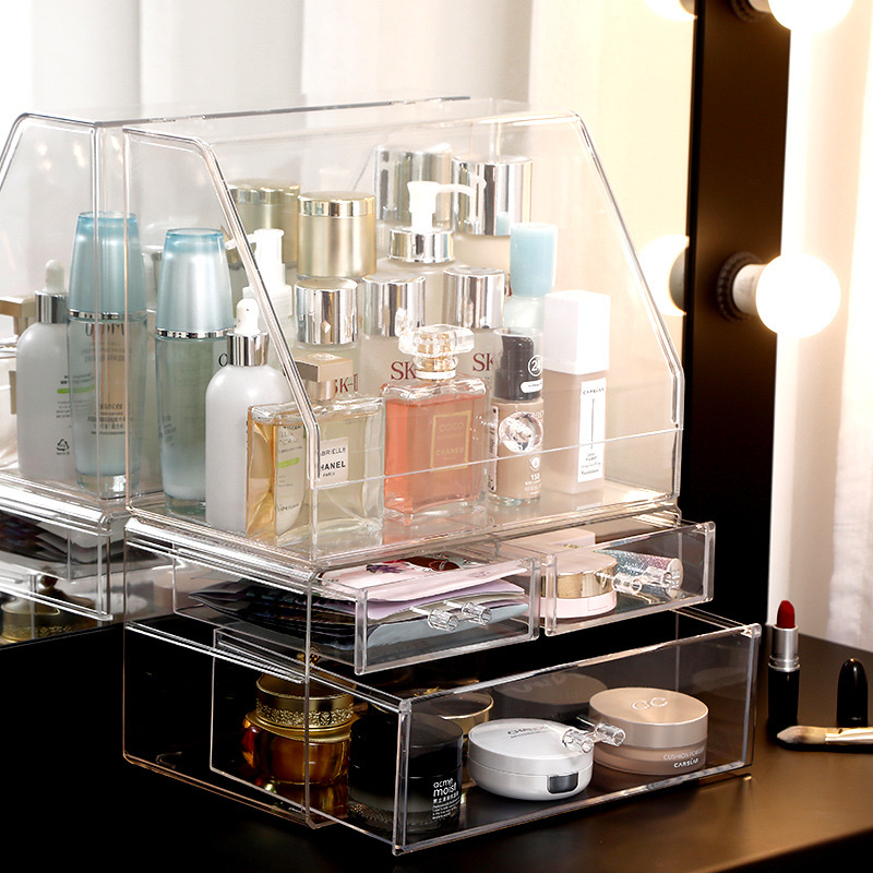 Weiwen showcased a transparent dust-proof, lid-covered acrylic drawer-type dormitory dressing table desktop shelf for popular cosmetics details Picture