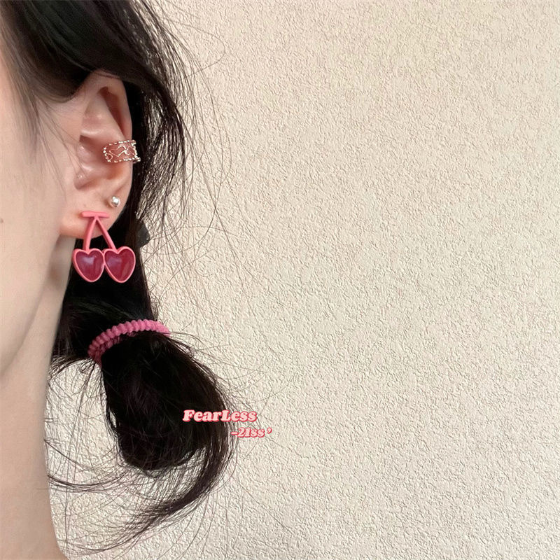 Korean niche double heart-shaped design stud earrings, pink girl summer sweet cherry earrings and earrings 2021 new trend Specification image